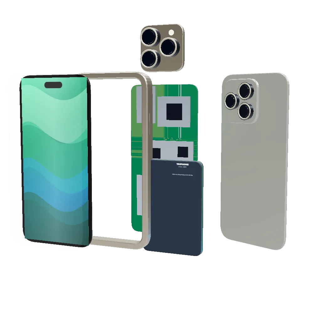 Mô hình các lớp bên trong iPhone: kính, màn hình, khung, bo mạch, camera, pin, kính lưng